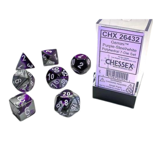 Dados Chessex Set 7 Dados Gemini Purple-steel/white Chx26432